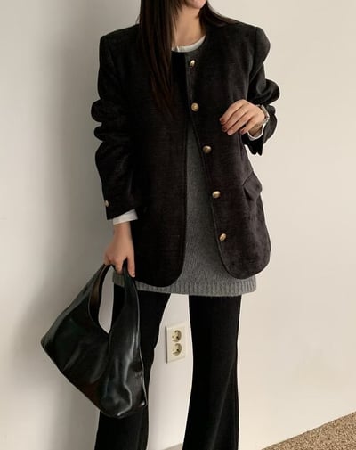 圓領絲絨金釦長版鋪棉外套4
