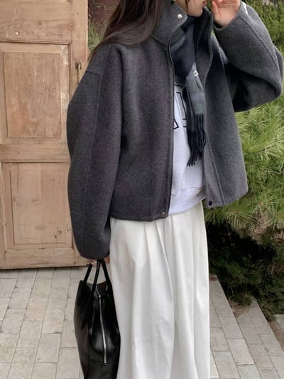 簡約羊毛拉鍊短版夾克（羊毛70％）1