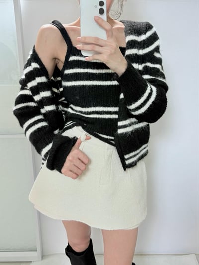 毛款條紋背心＋排釦外套SET5