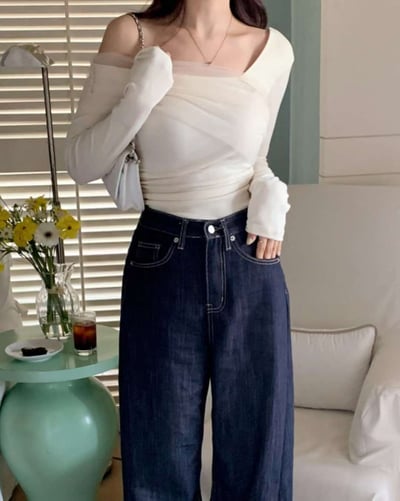 斜肩拼接網紗彈力薄針織衣11