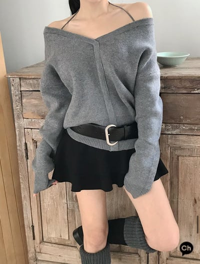 繞頸綁結Ｖ領針織衣3