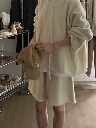 抽繩連帽針織衫＋鬆緊三分針織褲SET6