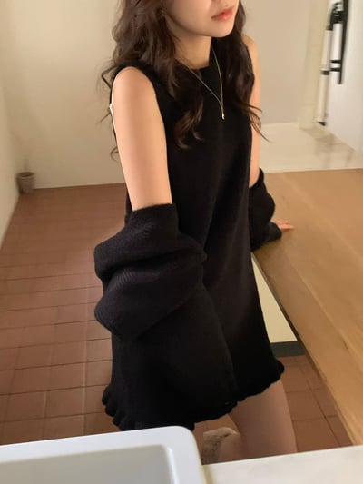 短版坑紋罩衫＋荷葉滾邊背心短洋SET2