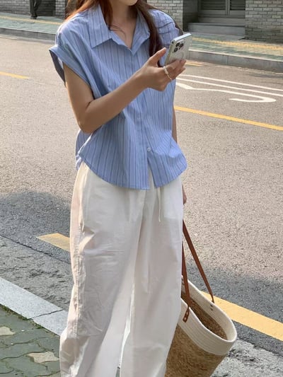 摺袖造型設計條紋襯衫8