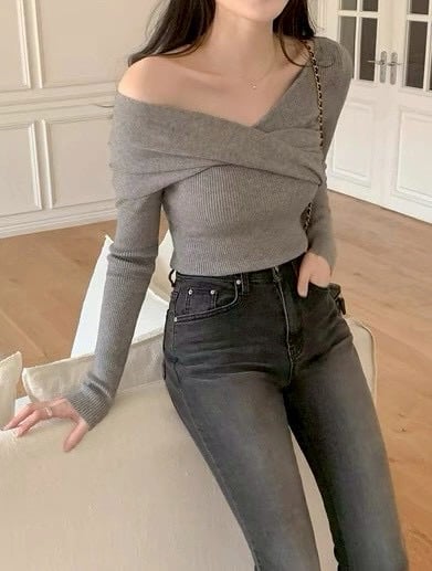 兩穿斜肩紐結包芯紗針織衣5