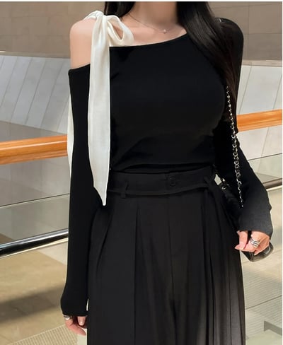 斜肩雪紡綁帶上衣7