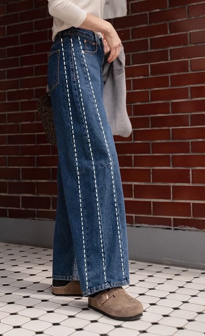 兩側壓線裁切寬版後鬆緊牛仔褲2