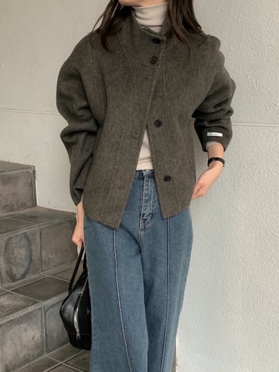 可高領簡約西裝版型手工羊毛外套（羊毛80%)6