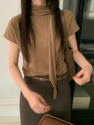 素色短袖薄款羊毛衣（附綁巾）4