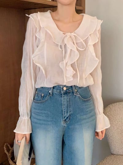 波浪滾邊綁結雪紡衫4