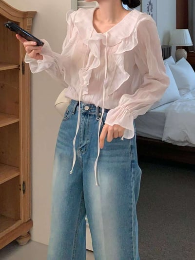 波浪滾邊綁結雪紡衫5