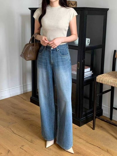 車線滾邊高腰微寬落地褲5