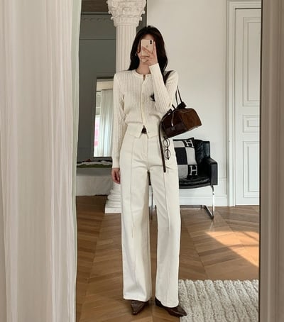 前壓線白色直筒小寬褲6