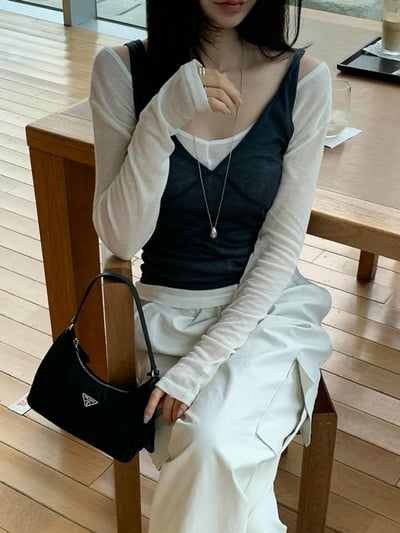 Ｖ領背心+透感薄款Ｔ兩件式SET5