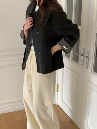 大翻領跳色反折袖手工羊毛外套（100%）4