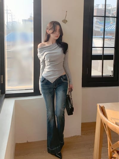 斜領腰間抓皺尖端下擺T1