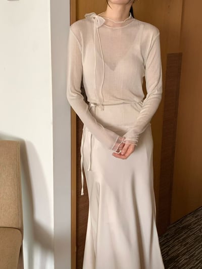 拼接歐根紗綁結領彈力壓紋Ｔ3