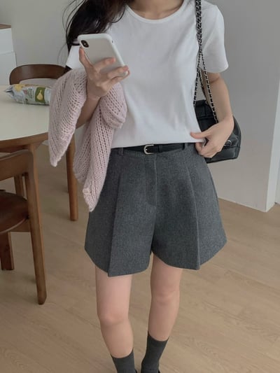 前打摺魔毛款三分西裝褲（附皮帶)1