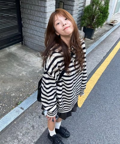 落肩橫條紋連帽長版羊毛外套4