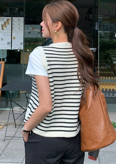 橫條紋金釦針織背心4