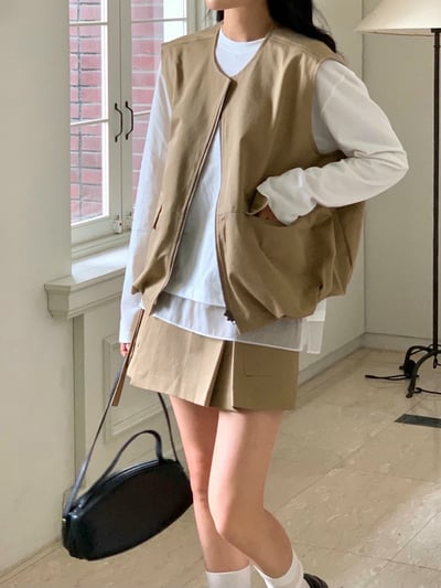 雙口袋拉鍊背心＋工裝風側百摺短褲裙6