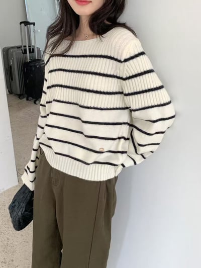 不修邊領拼接坑條橫紋針織衣5