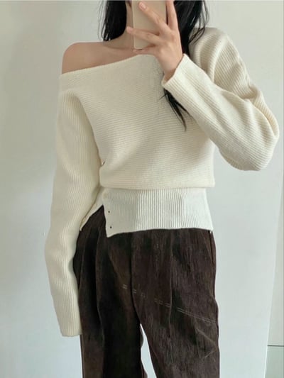 斜肩坑紋下縮腰排釦針織衣8