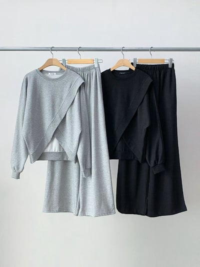 交叉下擺大學Ｔ＋鬆緊棉寬褲SET7