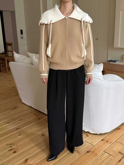 配色縫線滾邊翻領拉鍊針織衫2