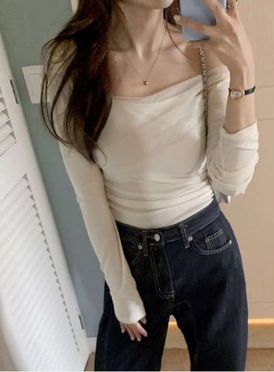 斜肩拼接網紗彈力薄針織衣8