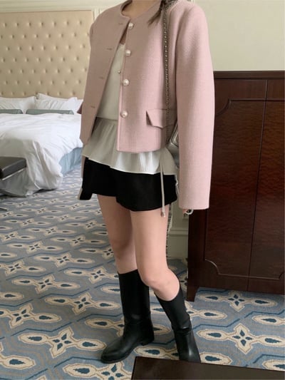 圓領珍珠排釦織紋小香外套4