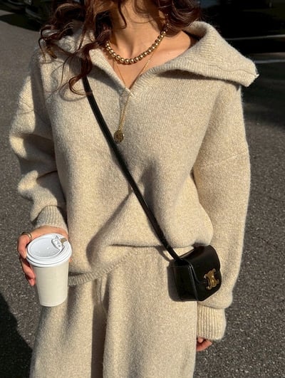 大翻領針織上衣+寬褲SET5