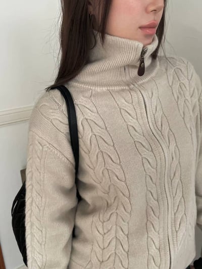 皮革拉鍊翻領麻花針織衣(羊毛30%）4