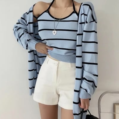 圓領合身薄款橫條紋針織小罩衫5