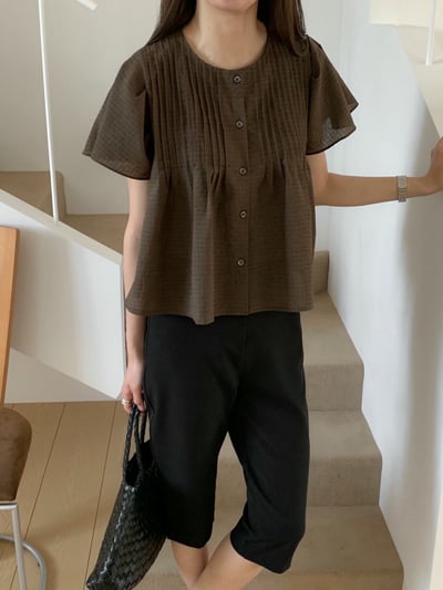 圓領打褶造型壓紋傘擺棉麻衫8