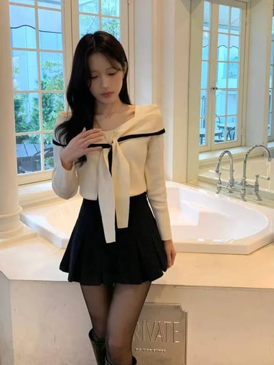 撞色翻領綁結薄款針織衫7