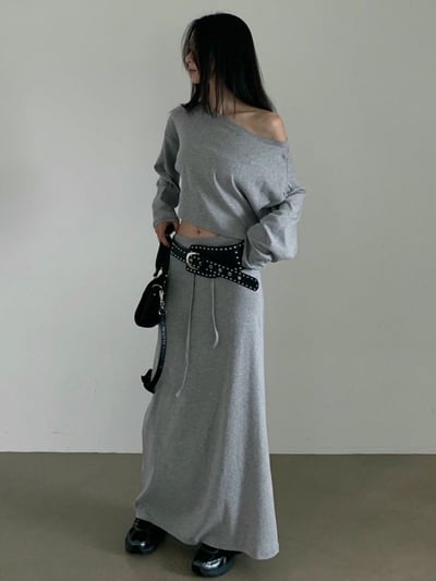 斜肩寬版短腰薄Ｔ+低腰抽繩長裙SET7