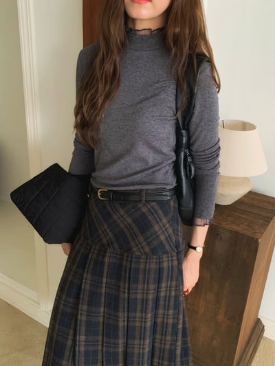 拼接花邊邊網紗高領打底衣16