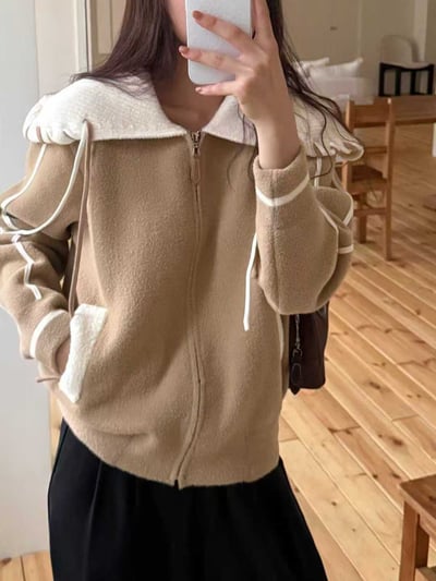 配色縫線滾邊翻領拉鍊針織衫6