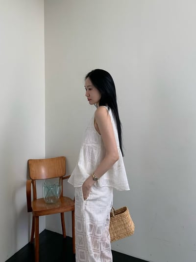 花磚刺繡蕾絲背心＋半透感長褲SET(可拆買)3