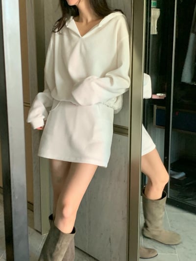 縮腰連帽大學Ｔ+鬆緊短褲裙SET2