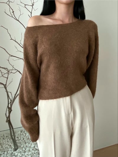 可斜肩短版軟糯毛款針織衣4