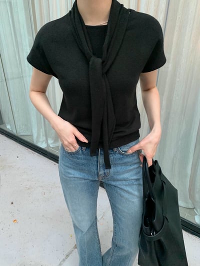 素色短袖薄款羊毛衣（附綁巾）8