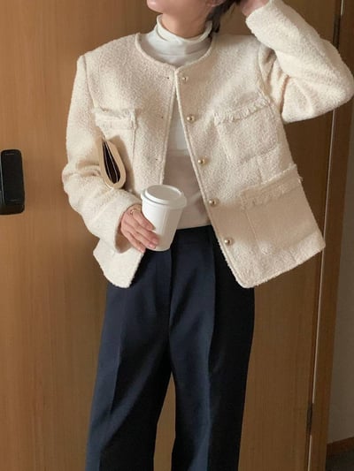 金釦流蘇滾邊口袋小香外套1