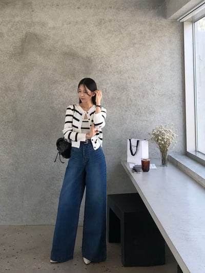 薄款橫條針織背心＋排釦坑紋外套SET5