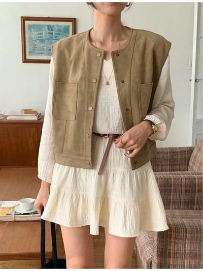 極簡圓領雙口袋麂皮背心2