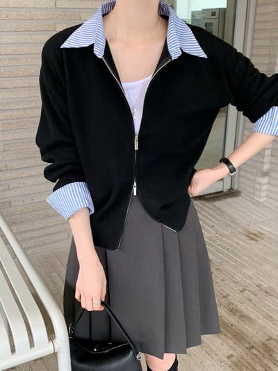 拼接直紋襯領雙拉鍊針織衫5