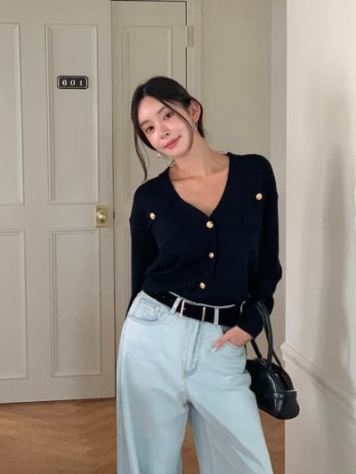 V領金釦雙口袋針織衣1