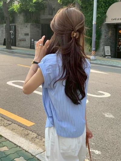 摺袖造型設計條紋襯衫5