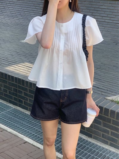 圓領打褶造型壓紋傘擺棉麻衫3